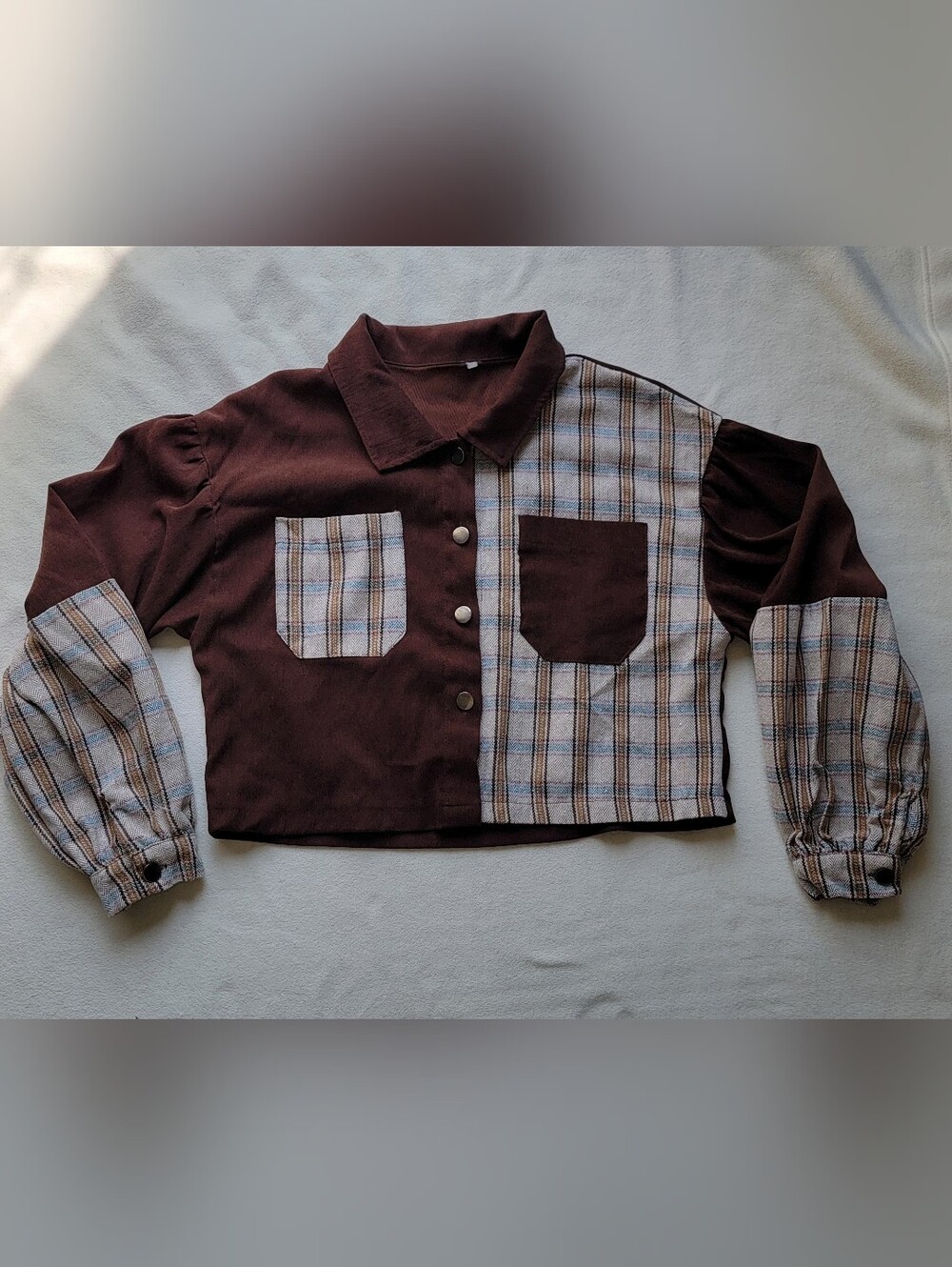 Brown Plaid Patchwork Button-Front Shirt